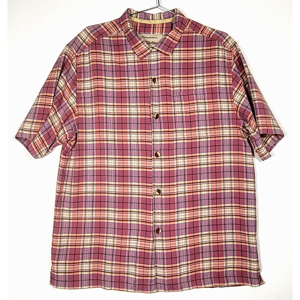 Tommy Bahama Men's Hawaiian Shirt Size L 100% Silk Pink Plaid Short Sleeve